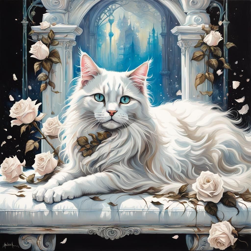 White cat and roses