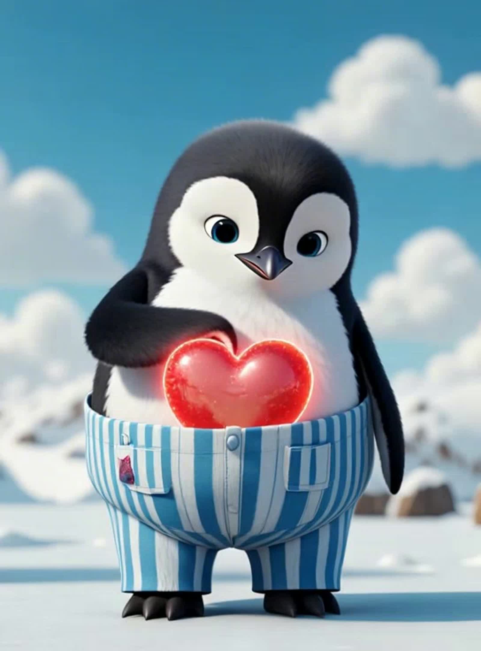 An adorable penguin, dressed in blue and white striped overalls, puts his arms in his front pocket and pulls out a huge,...