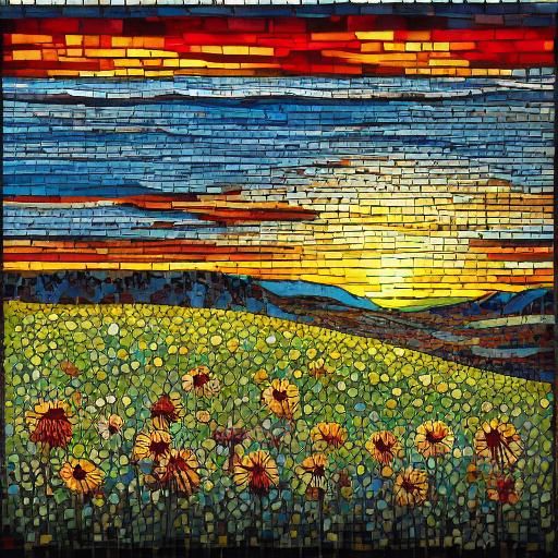 Stunning stained glass mosaic Sunset over field of intricate thick acrylic wildflowers. Old dilapidated barn. <lora:My Style:1.0> 