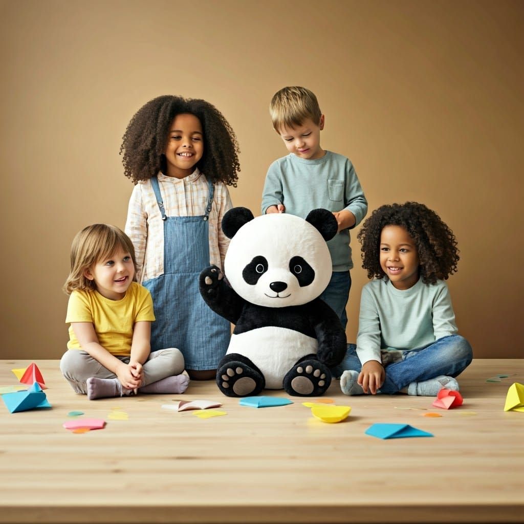 Children Play with Panda in Whimsical Papercraft Scene
