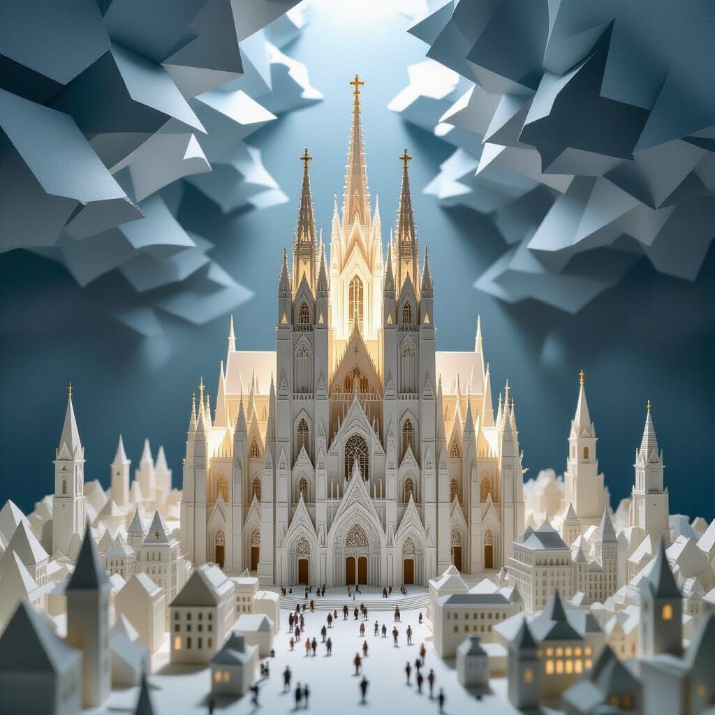 An intricate, sprawling cityscape meticulously constructed from folded origami paper. A towering medieval ...  by @Jessputine
