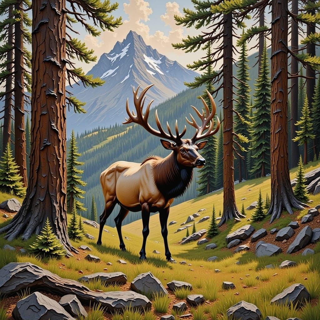 Majestic Elk Standing in a mountain Clearing <lora:Impasto Paint:1.0> 