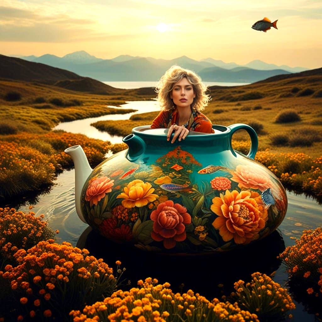 Surrealistic Portrait of a Happy Lady in Vibrant Landscape