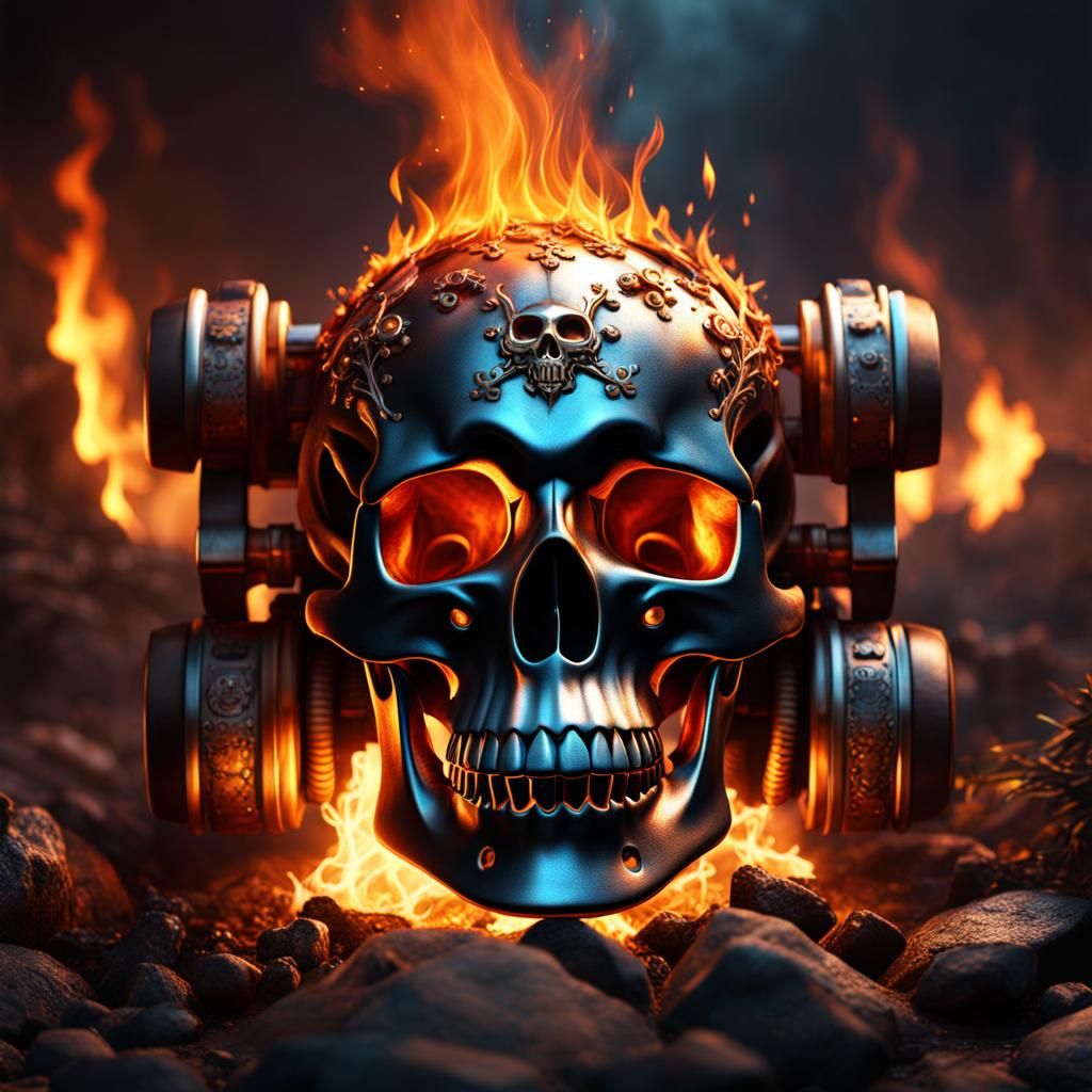 A steam punk skull with burning flames