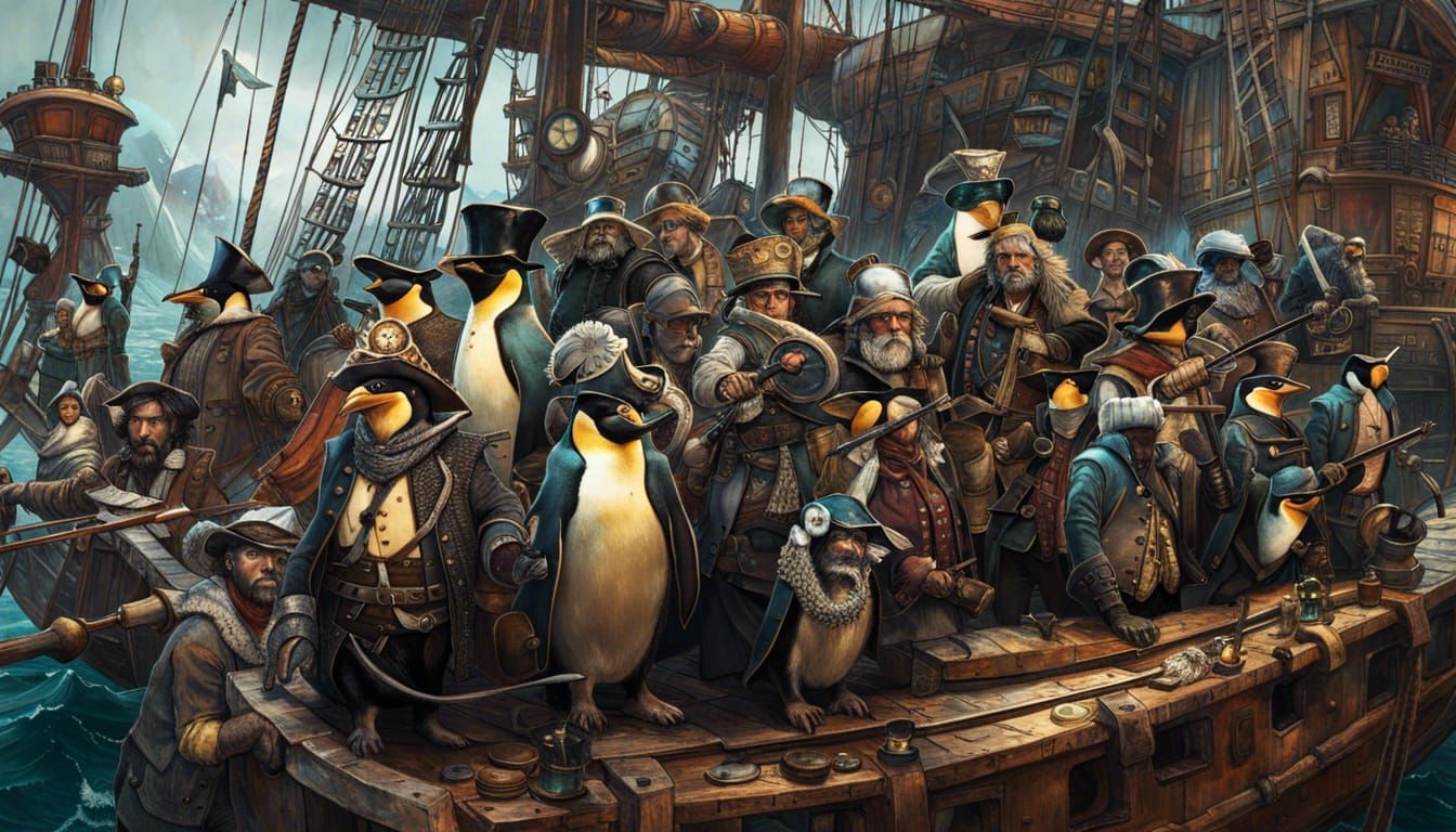 penguins with pirate gear, hat, eye-patch, navigating ships....