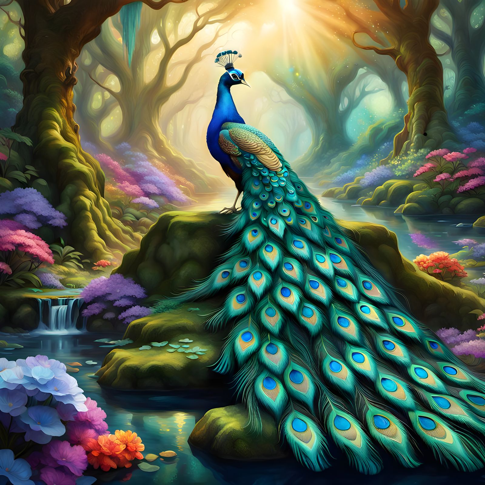 Ethereal Peacock in Majestic Tropical Paradise