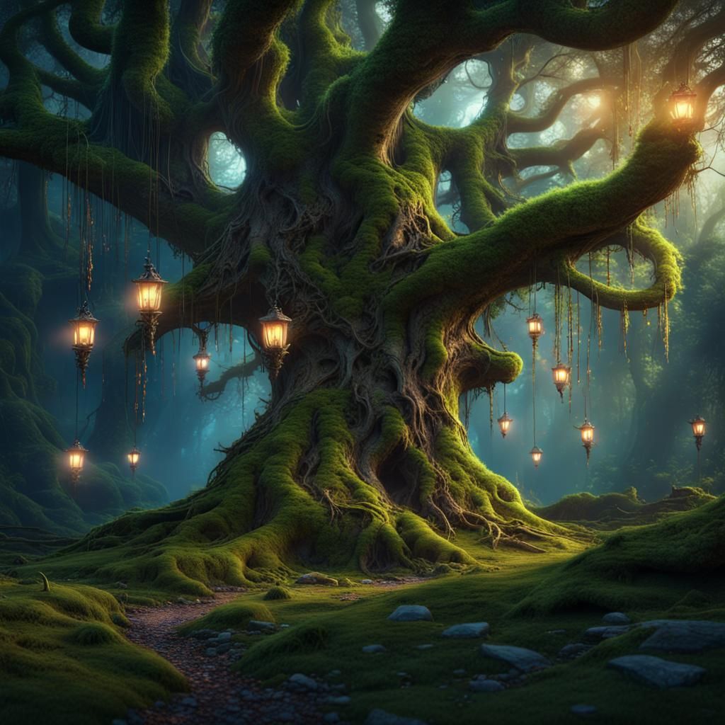 enchanted magical forest with small glowing flying faeries, strange ...