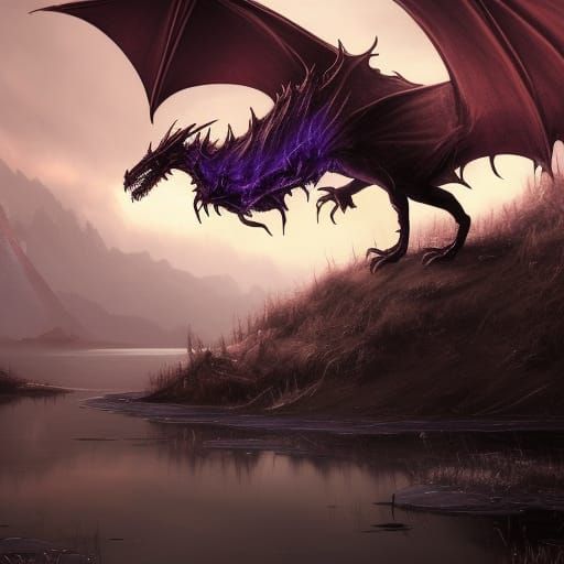 a dark brown dragon breathing purple fire onto a lake in the...