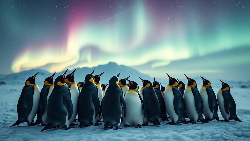 8K Photorealistic image of a huddle of macaroni penguins on snow covered grounds looking up at the aurora australis in the night sky. 