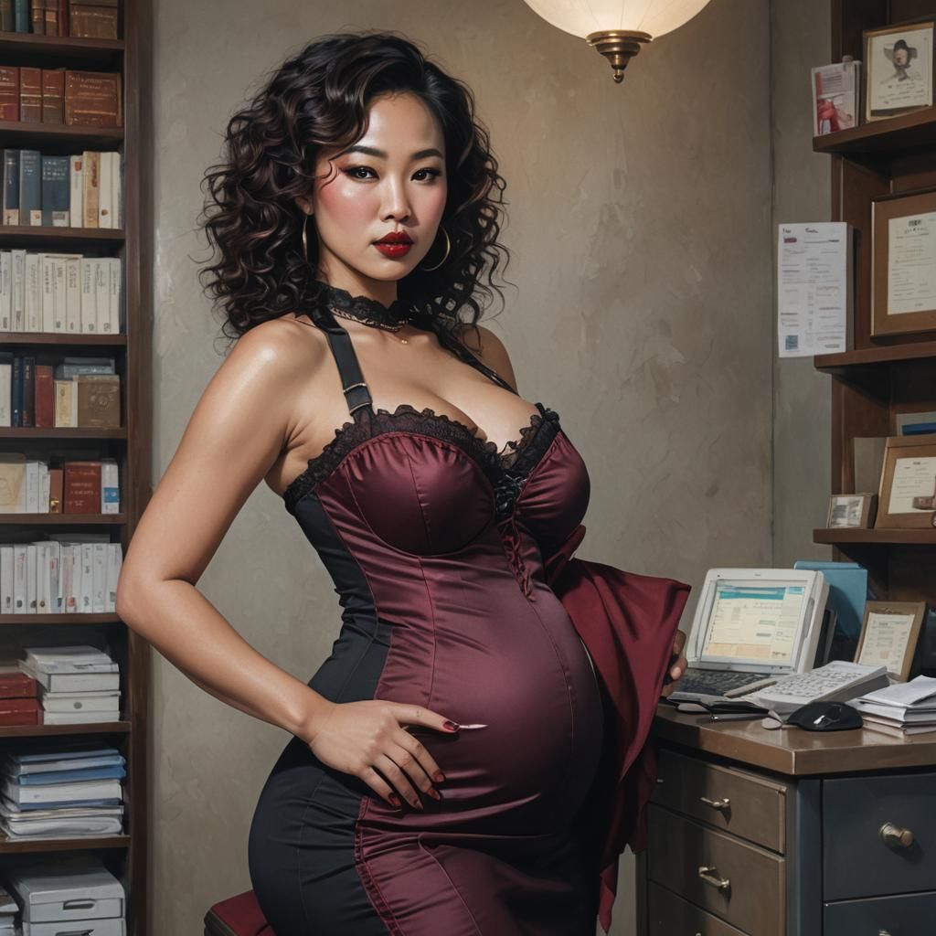 34 year old Asian girl, dark curly hair, maroon bustier, 9 months pregnant, doctor's office, plump, pucker, fake lips, c...