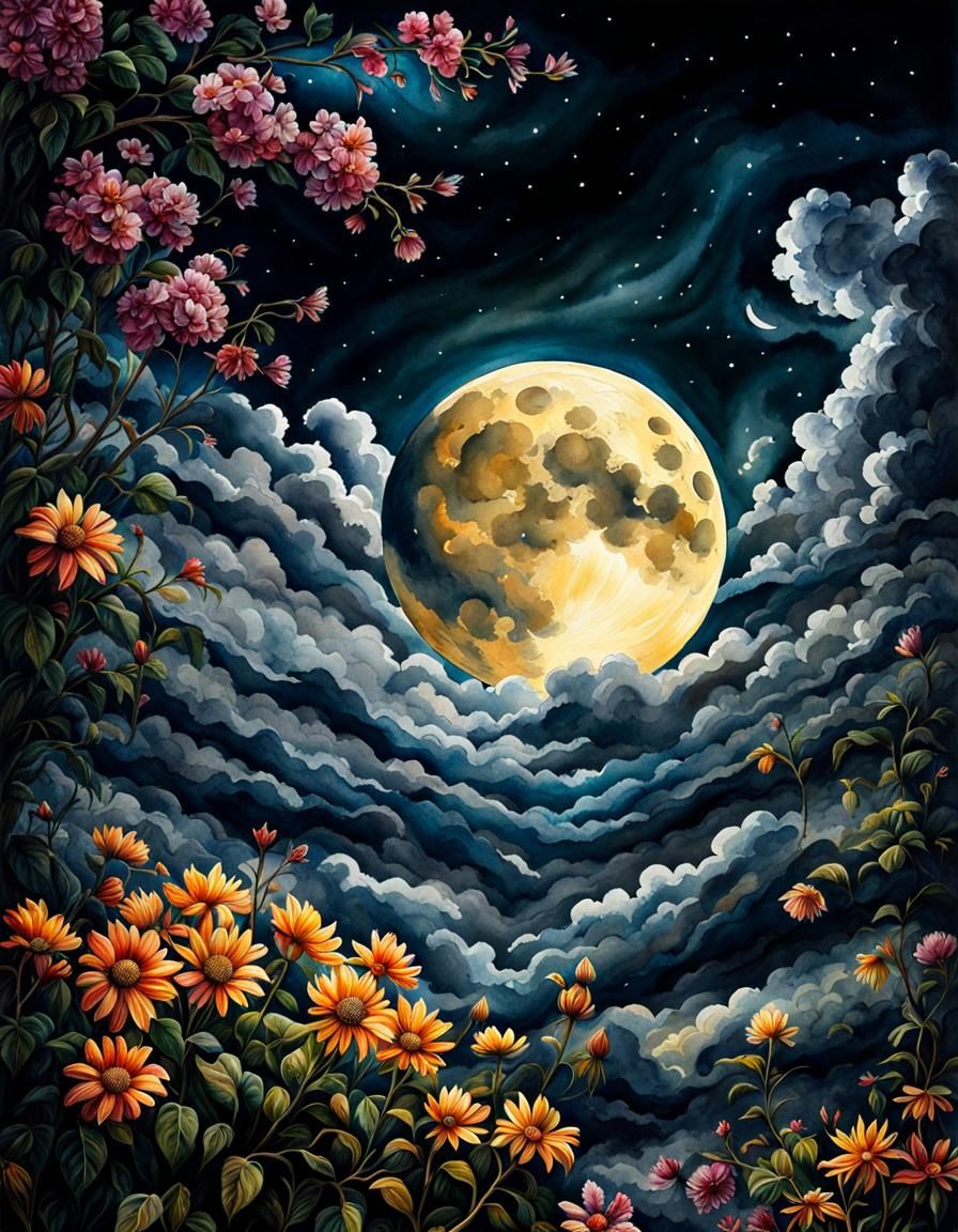 Watercolour, The moon, bright and glowing with mountains and clouds beautiful and significant. With flowers ...  by @Amber UFO