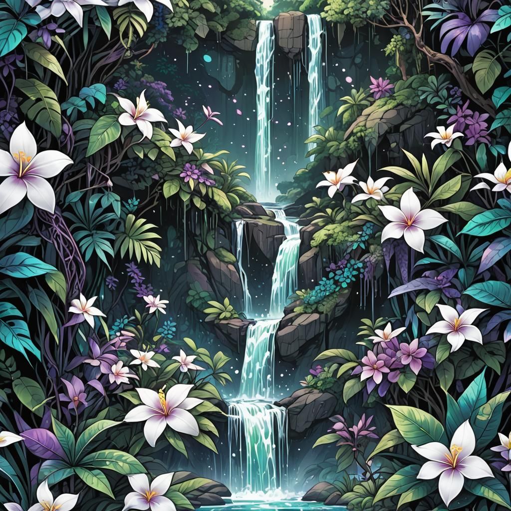 Iridescent Filigree black purple teal white plumeria opalesc...