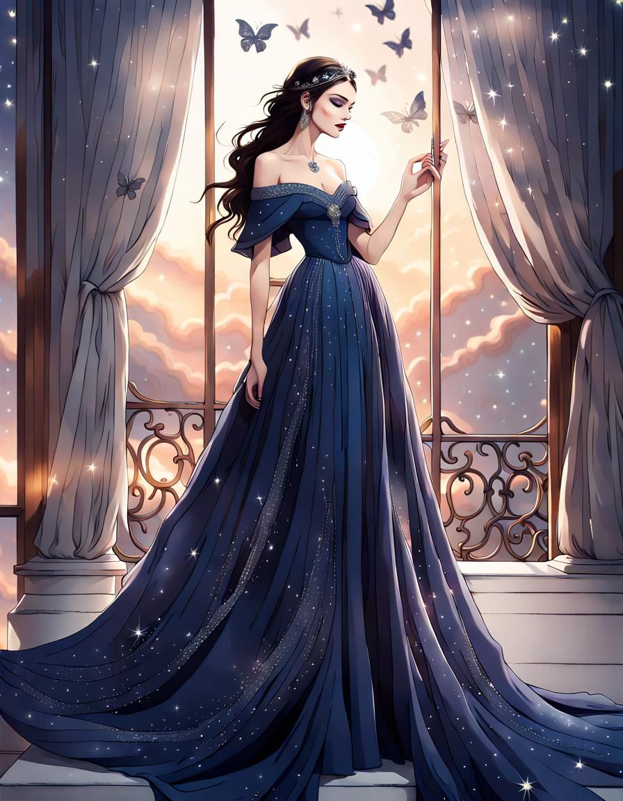 Cosmic Princess on Moonlit Balcony: Fantasy Art