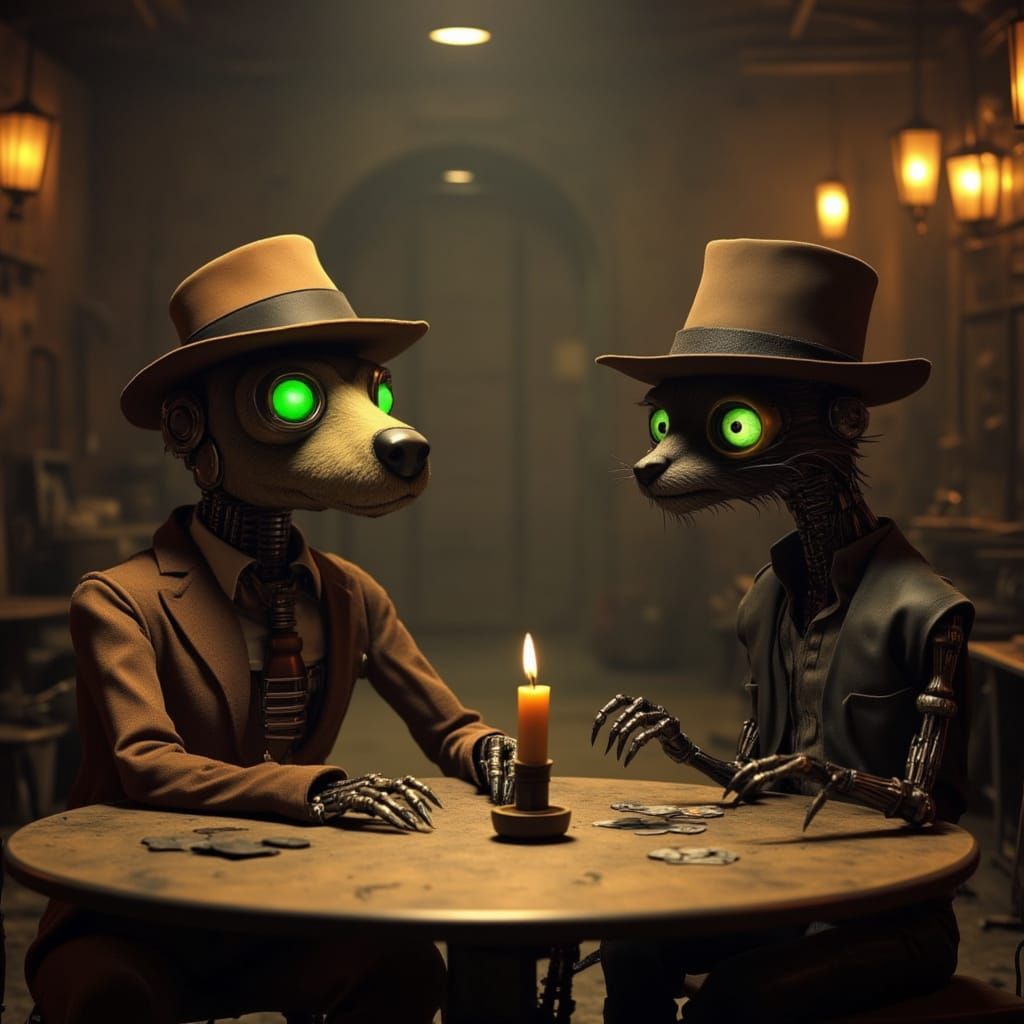 <lora:Fedora Dog:1.0>
Anthropomorphic robot dog wearing a fedora and a scruffy suit playing poker with a strange cat-like creature in a post...