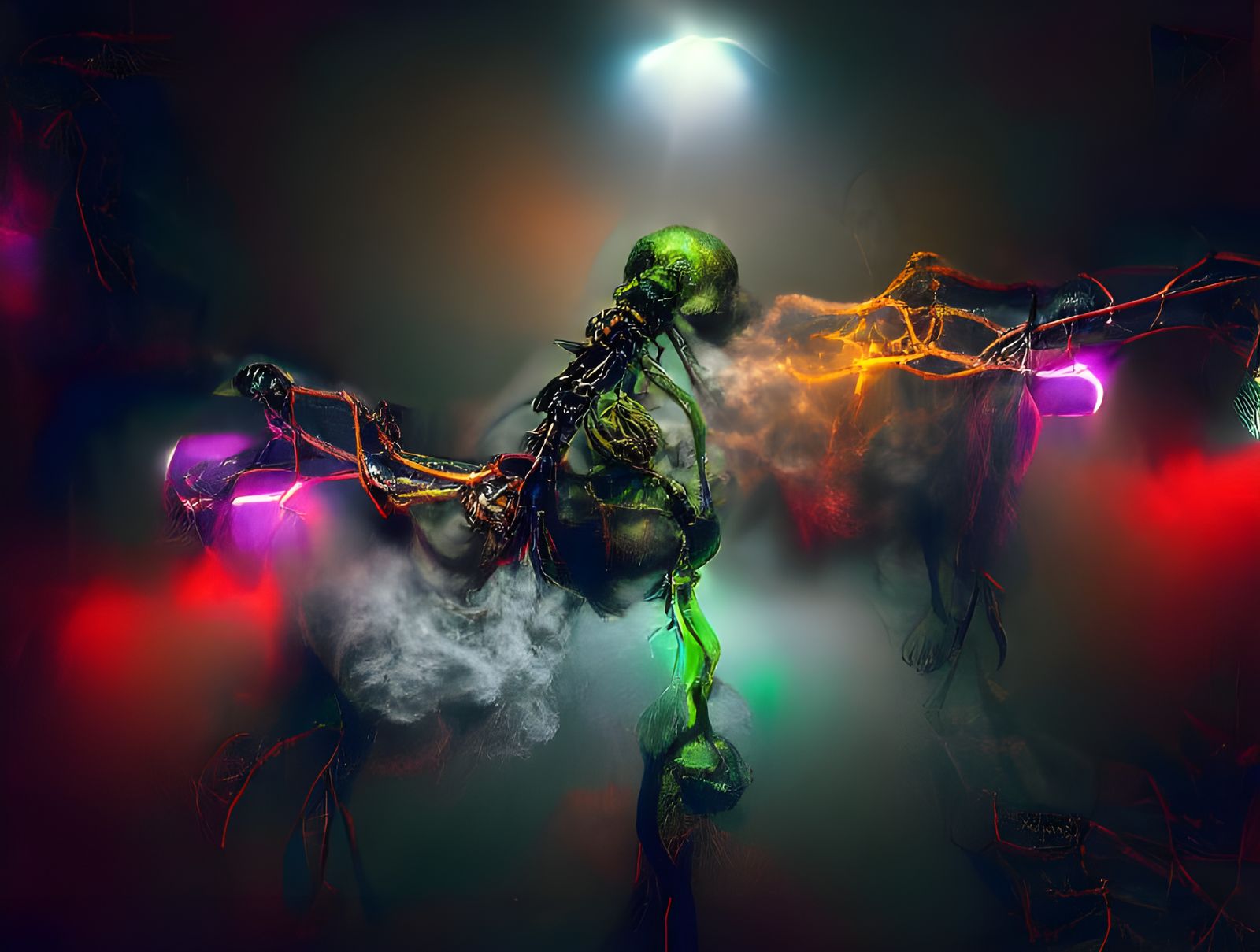 mutated dead zombie corpse hanging from nooses in the darkness