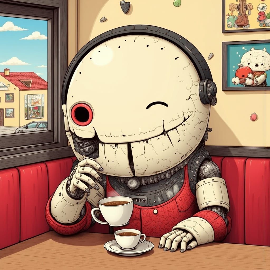 <lora:No Coffee 4 Androids:1.0>
Android drinking coffee in a cafe by the table