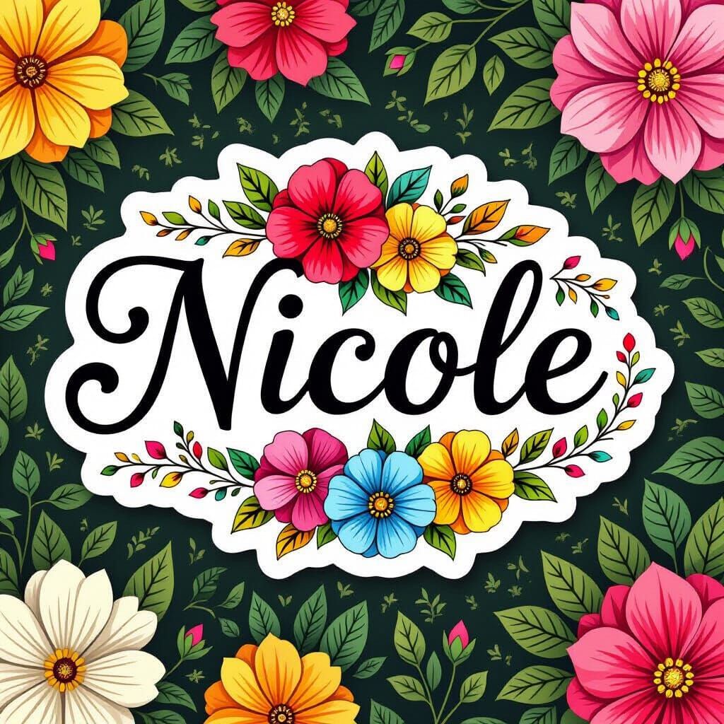 A sticker with the word "Nicole" in script font, Colorful flowers surround the word. No background.