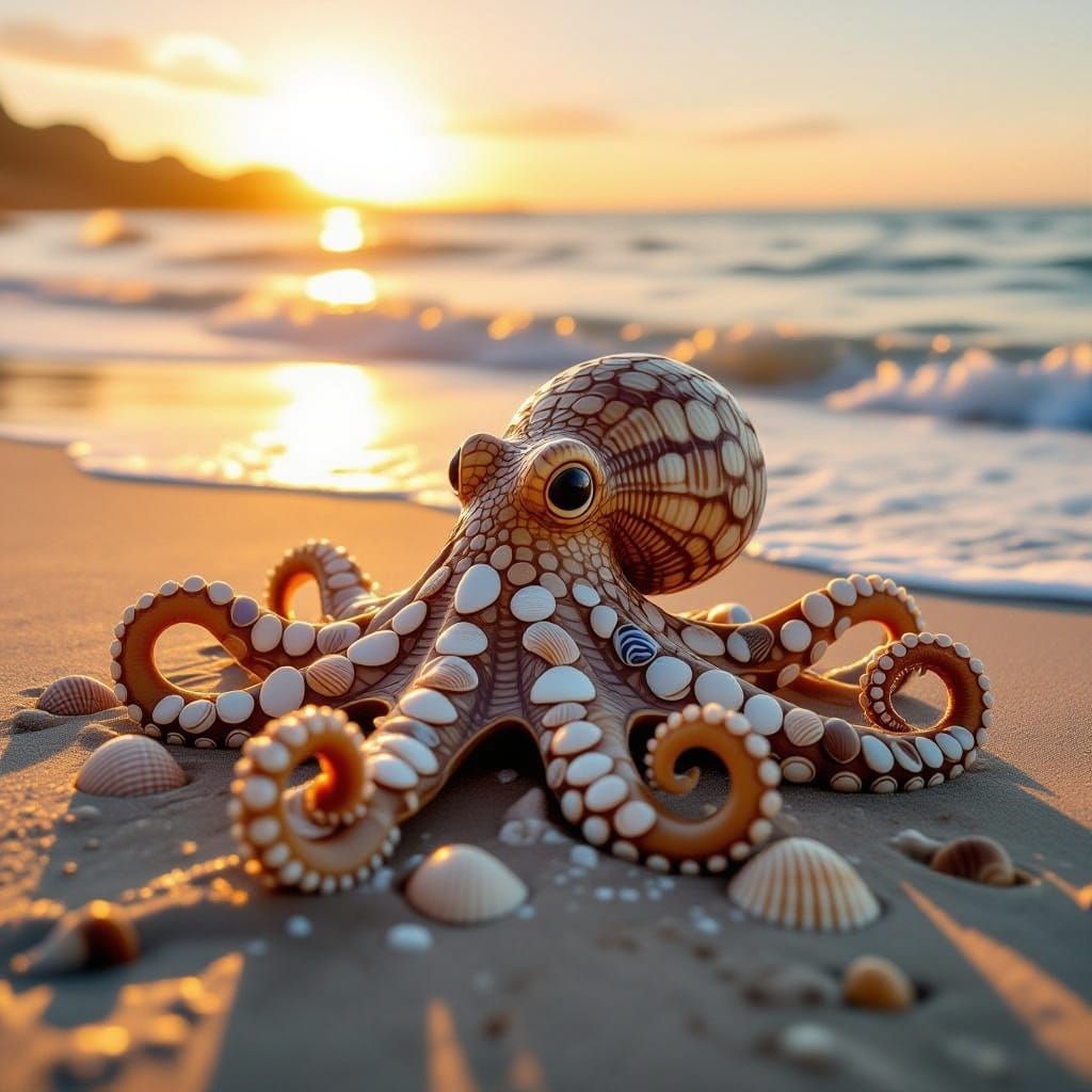 Seashell Octopus Art on Shore at Sunset