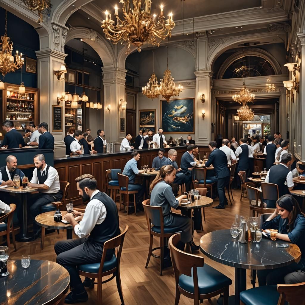 People seating or standing drink and eating in a sea food re...
