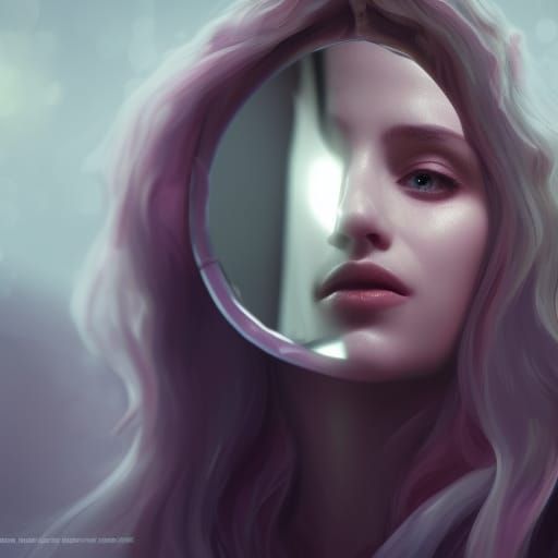 A broken mirror reflecting a woman's face