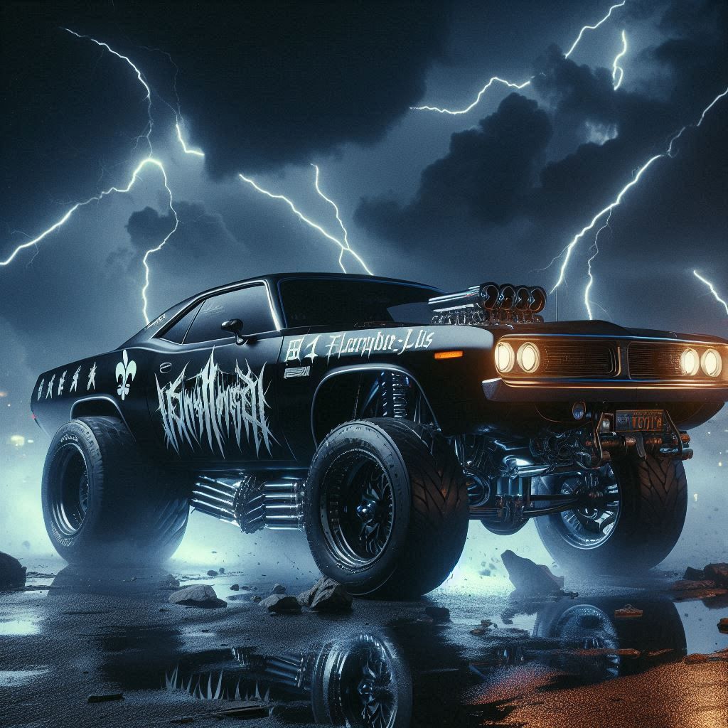 Plymouth barracuda driving over rough terrain during a storm