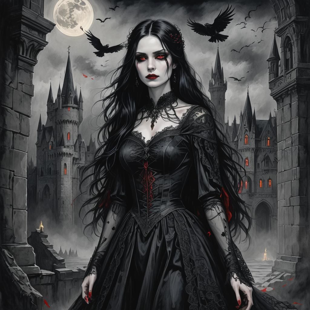 Gothic vampire queen, raven black hair, blood-red eyes, pale...