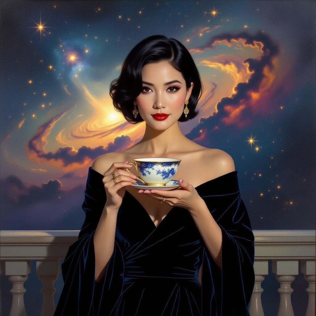 Thai Woman in Velvet Dress Overlooking Nebula