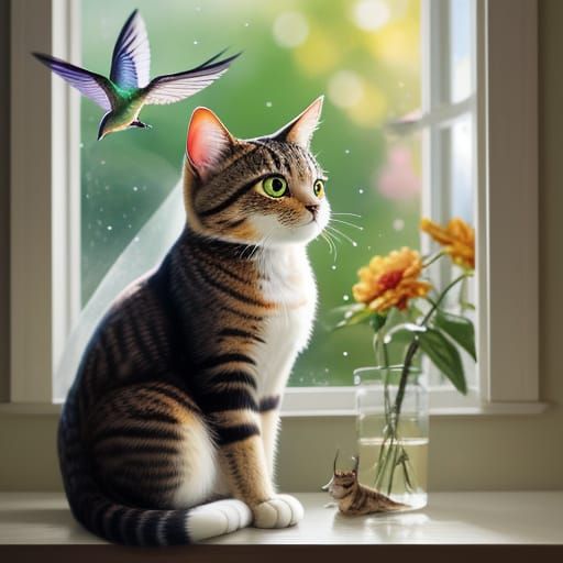 Hyperrealistic Cat Watches Hummingbird in Golden Hour Oil Pa...