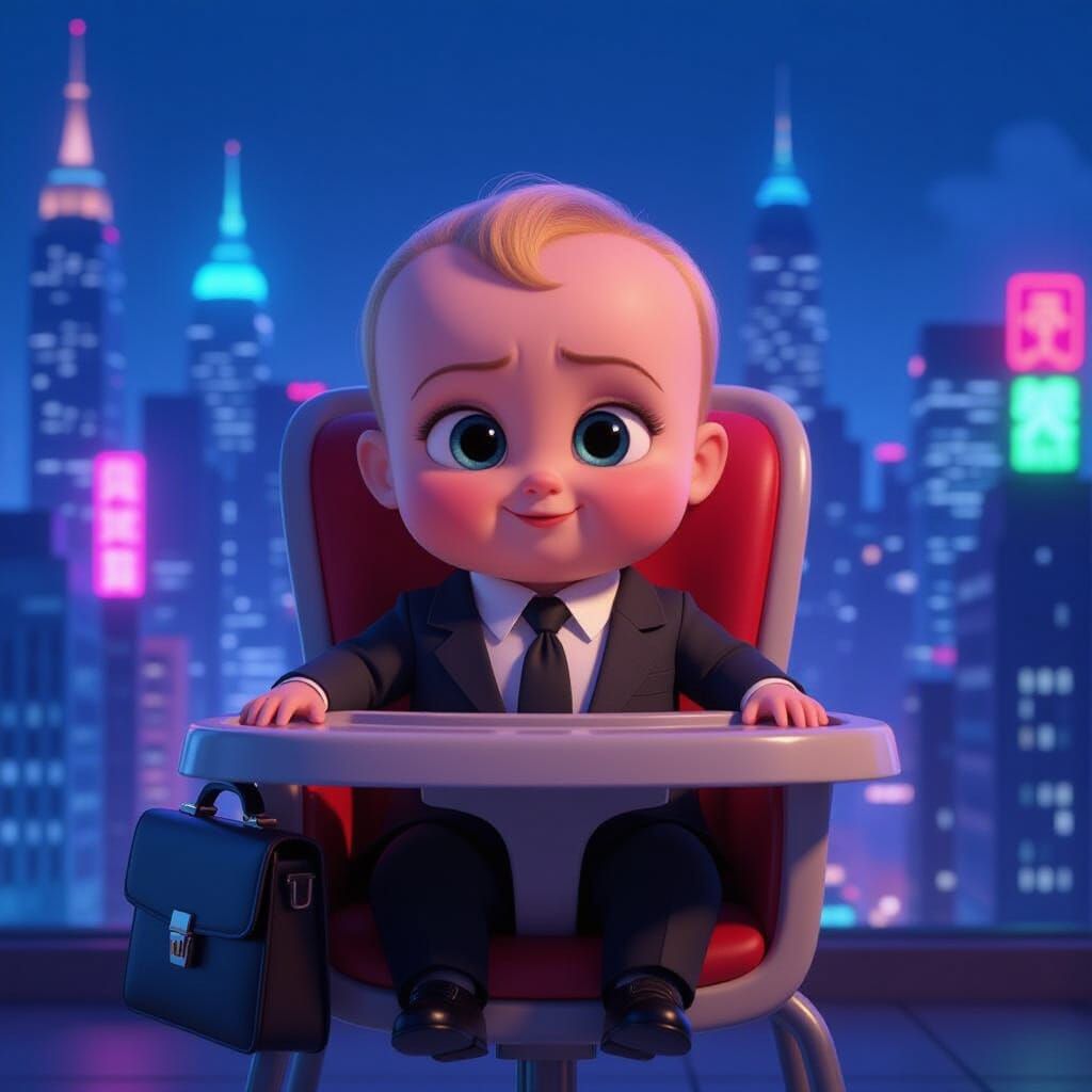 Baby Boss in Suit with Briefcase in Neon City