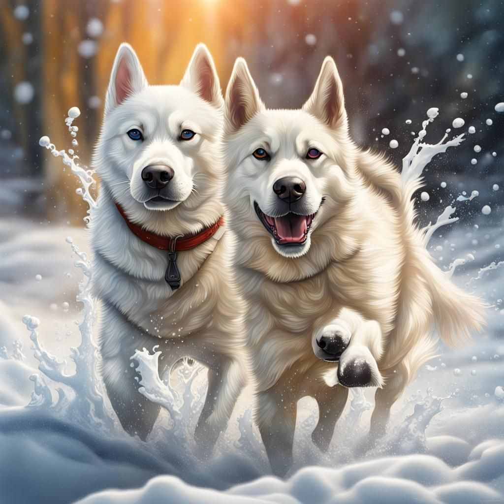 White Husky and white German sheperd splashing in the snow b...