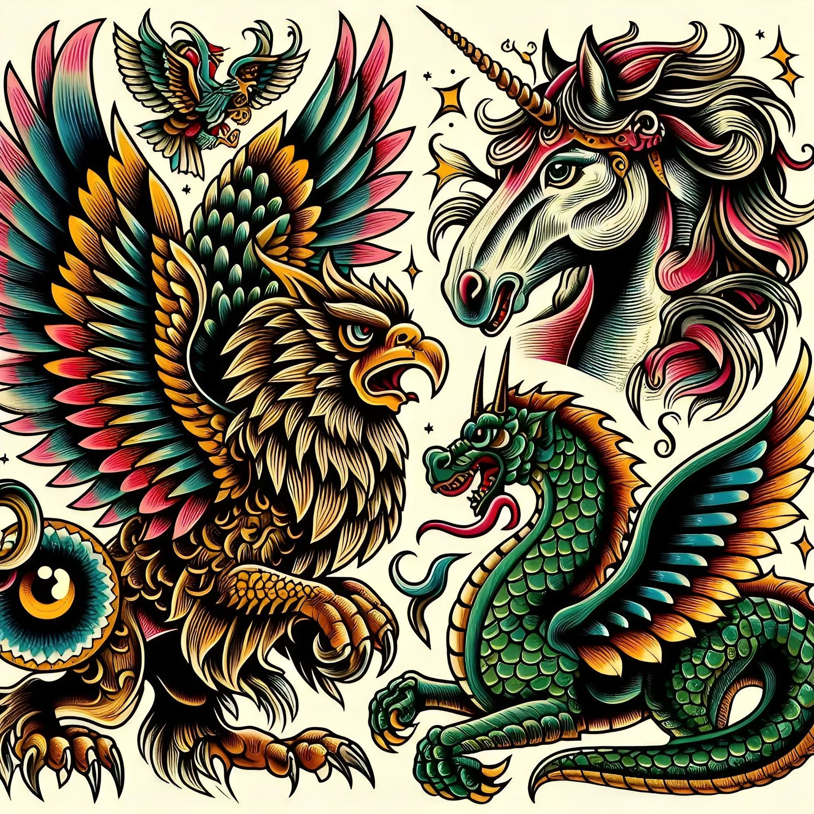 🐉🦄 Mythical Tattoo Flash Sheet  by @AI Nightrider