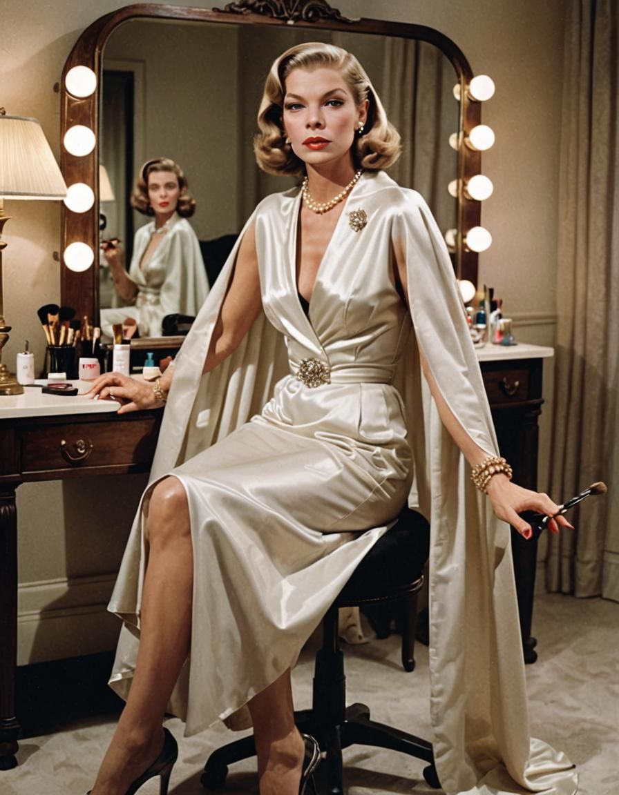 photo realistic full color.  Angry Lauren Bacall in high hee...
