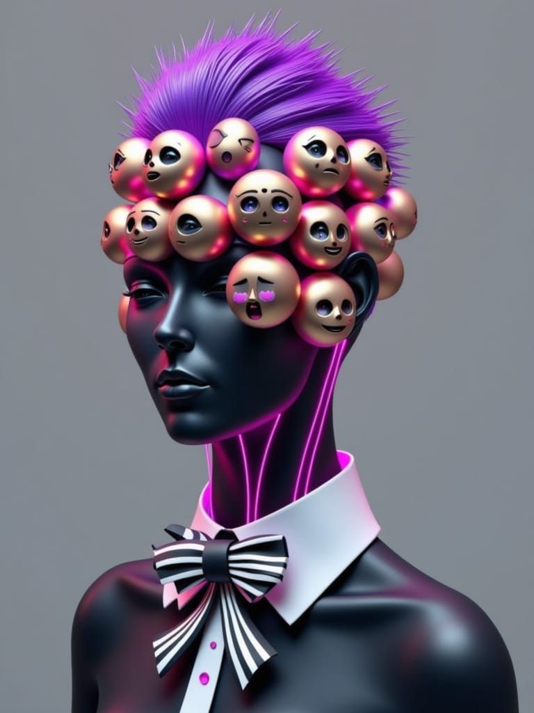 <lora:Background:1.0>A surreal, digitally rendered humanoid figure with a stylized purple-haired head. The facial area is replaced by numero...