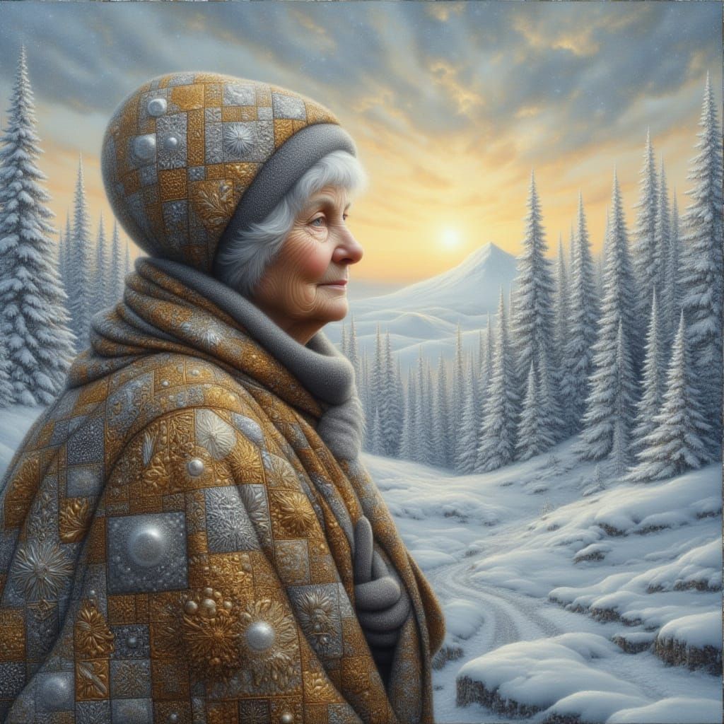 <lora:kak-festivepatch:1.0> golden and silver patchwork. Centered, big winter scene with an elderly woman