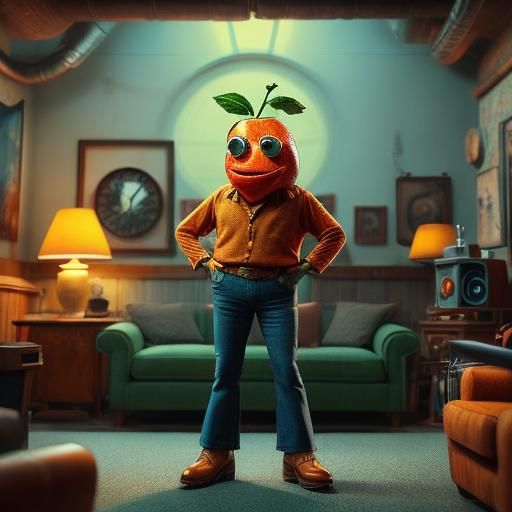 <lora:Fruit Gang v2:0.7>
Scene from a 1970s sitcom featuring an anthropomorphic biopunk  strawberry fruit wearing vintage clothes. Cinematic...