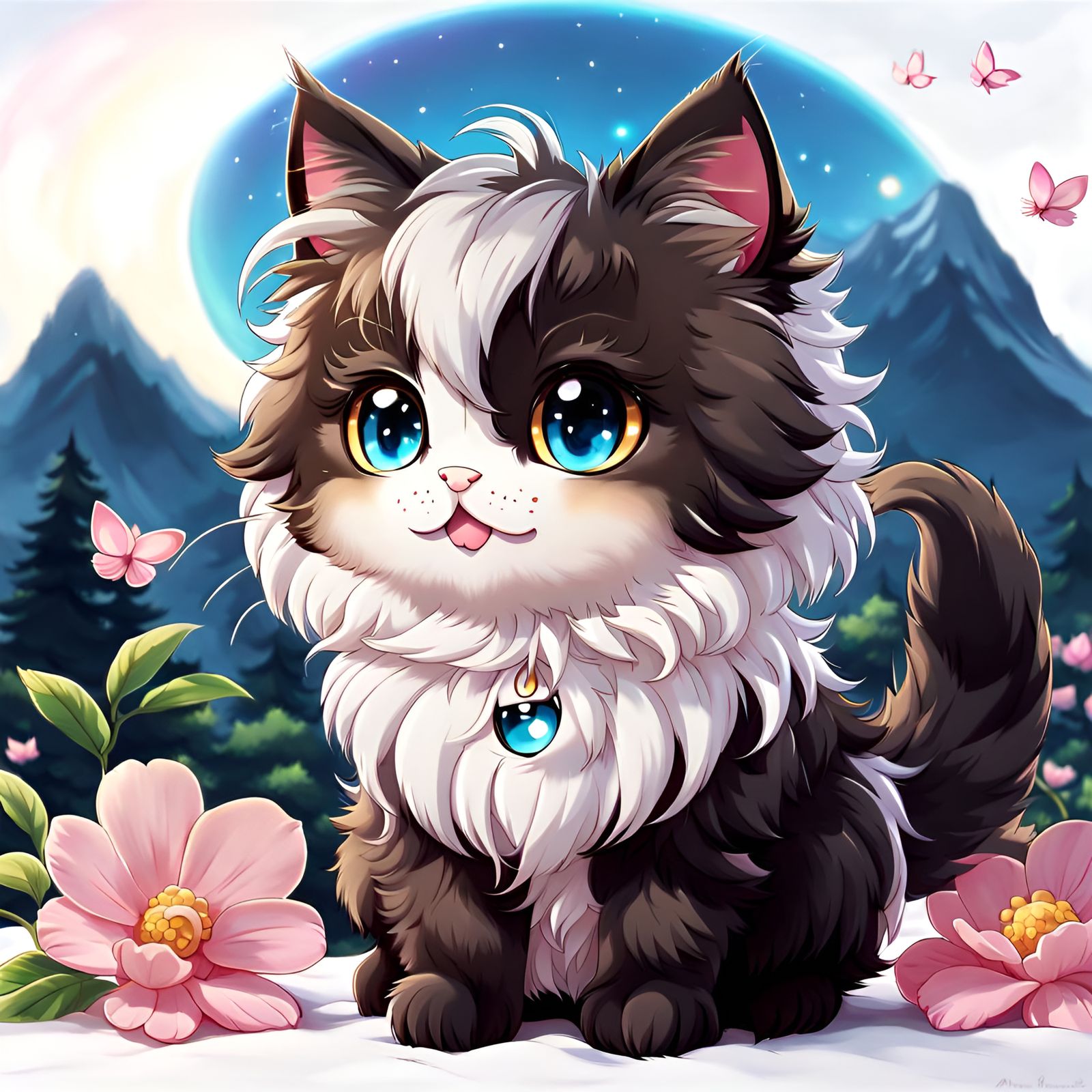 Beautiful fluffy chibi cat, art by anime  by @Taralie