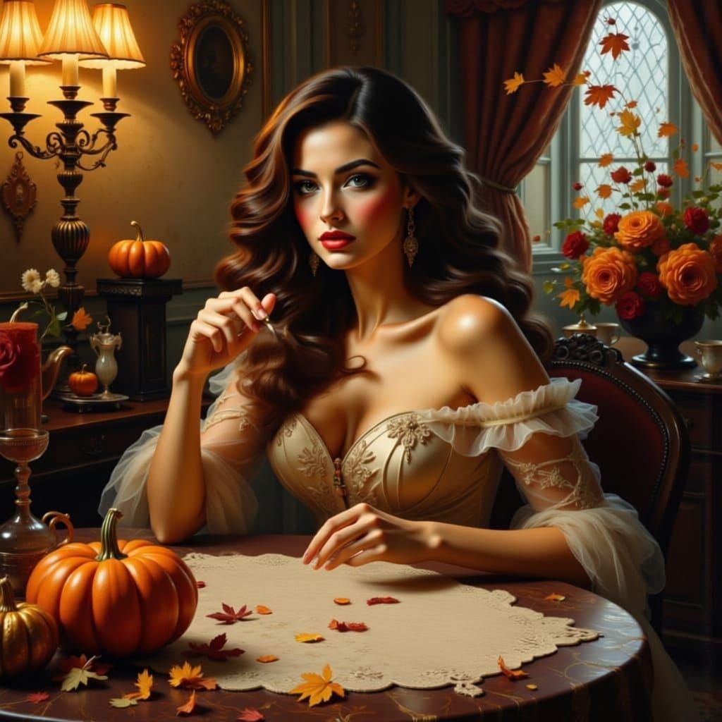 Elegant Woman Enjoys Coffee in Halloween-Themed Room