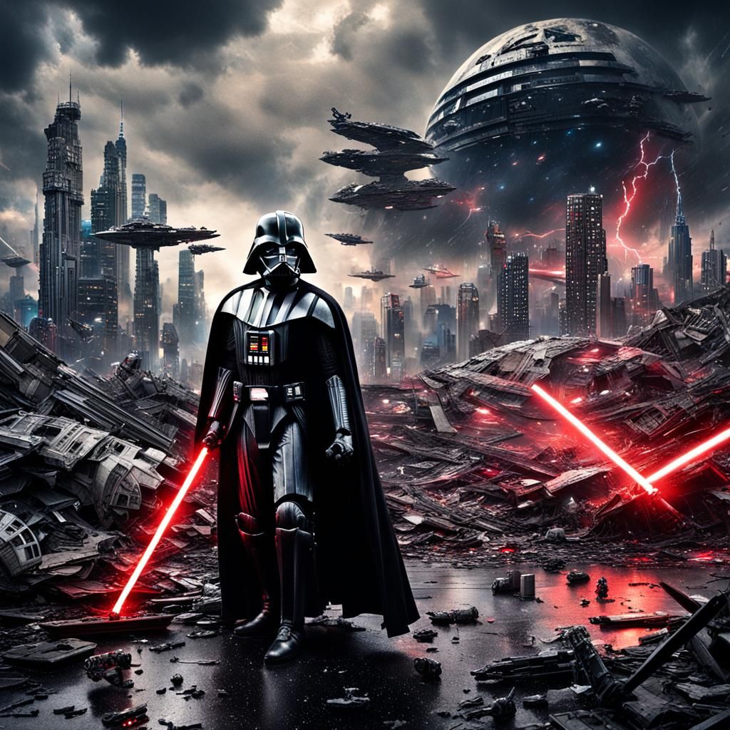 Darth Vader with red lightsaber in destroyed Tokyo with stor...