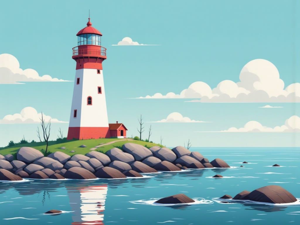 Lighthouse on a rocky shore. <lora:Cosmic Clear Pop:1.0> Vibrant colours, Well-defined shapes, Minimalistic detail, Focusing on clear, Unifo...