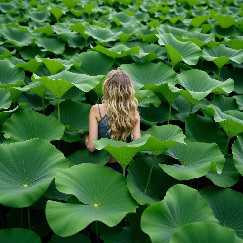 by Anja Millen, Antonio J. Manzanedo and Bastien Lecouffe-Deharm:: 
A mystic meadow full of big green leafs and some blossoms in center, car...