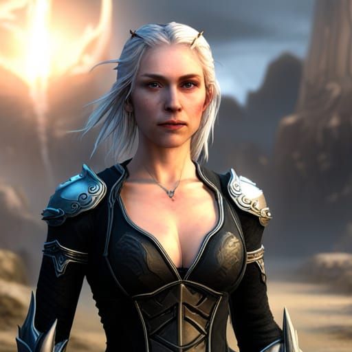 young woman with silver blonde hair wearing black armour and...