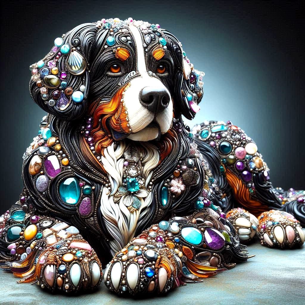 bernese mountain dog made of gems, metal and glass