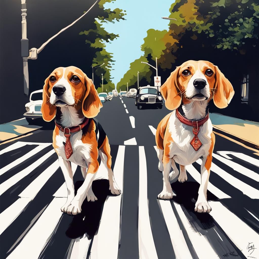 Portrait of four adorable beagles crossing Abbey Road like t...