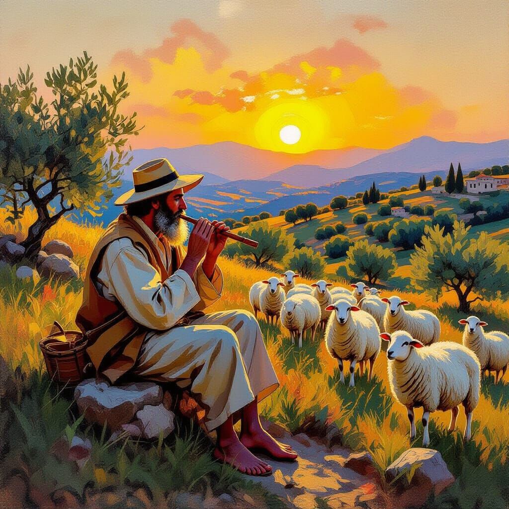 Jewish Shepherd's Sunset Melody: Impressionist Gouache Paint...
