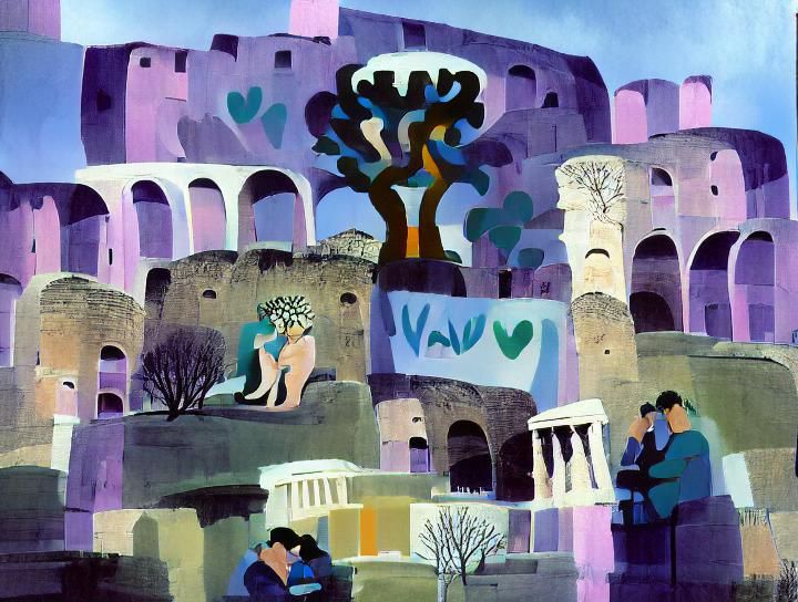 Rome, coliseum, tree, lovers, lilac purple turquoise pale bl...