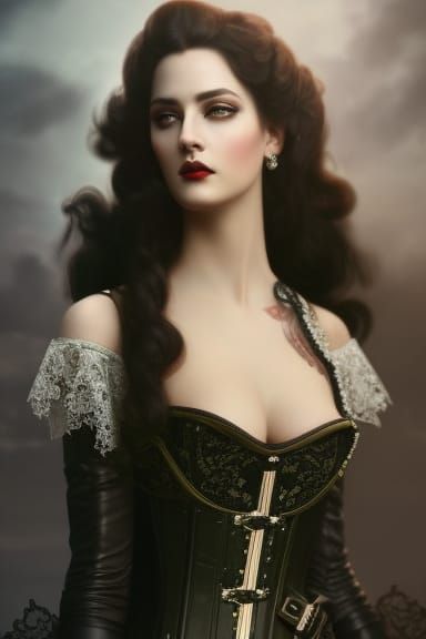 Lady covered in leather and lace, long curls, Rococo, finely...