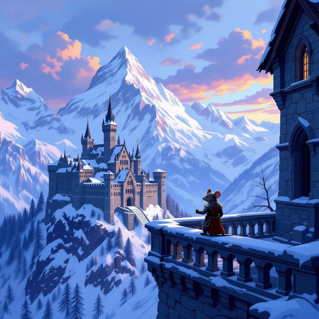 Swiss Alps daily challenge. Digital painting. A majestic, gothic-inspired castle built into the side of a snow-capped mountain peak, overloo...
