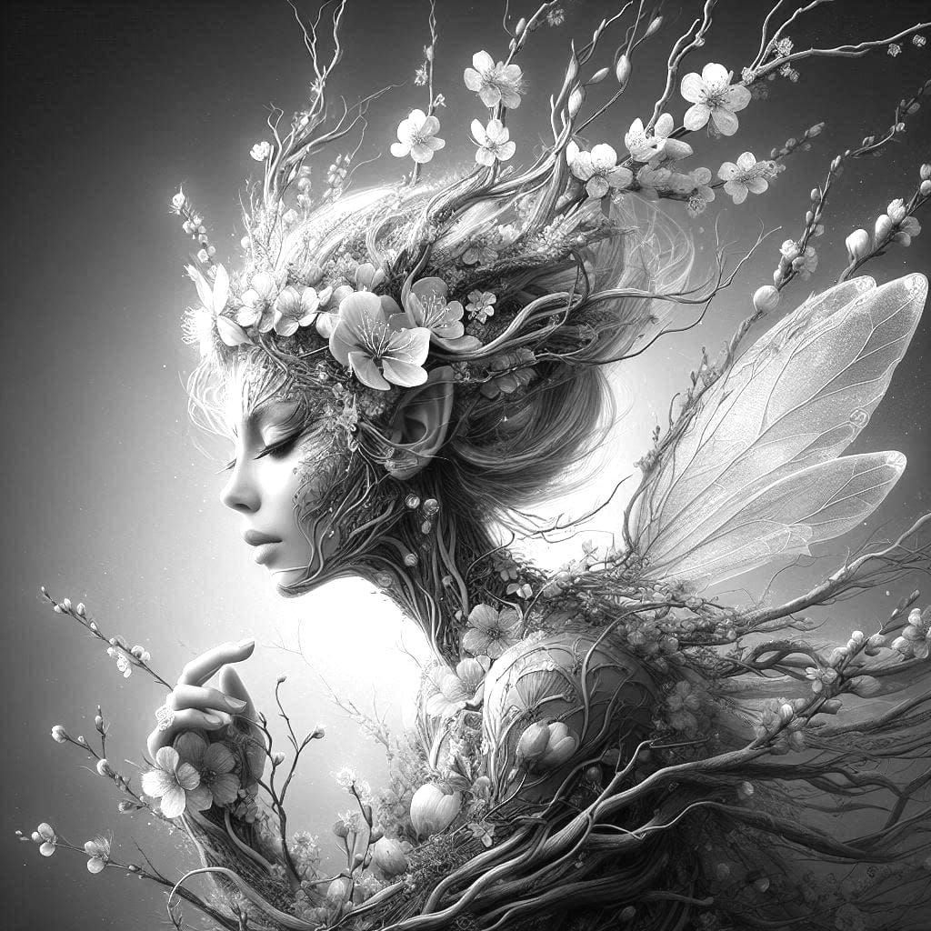 Spring pixie of the meadow~grayscale