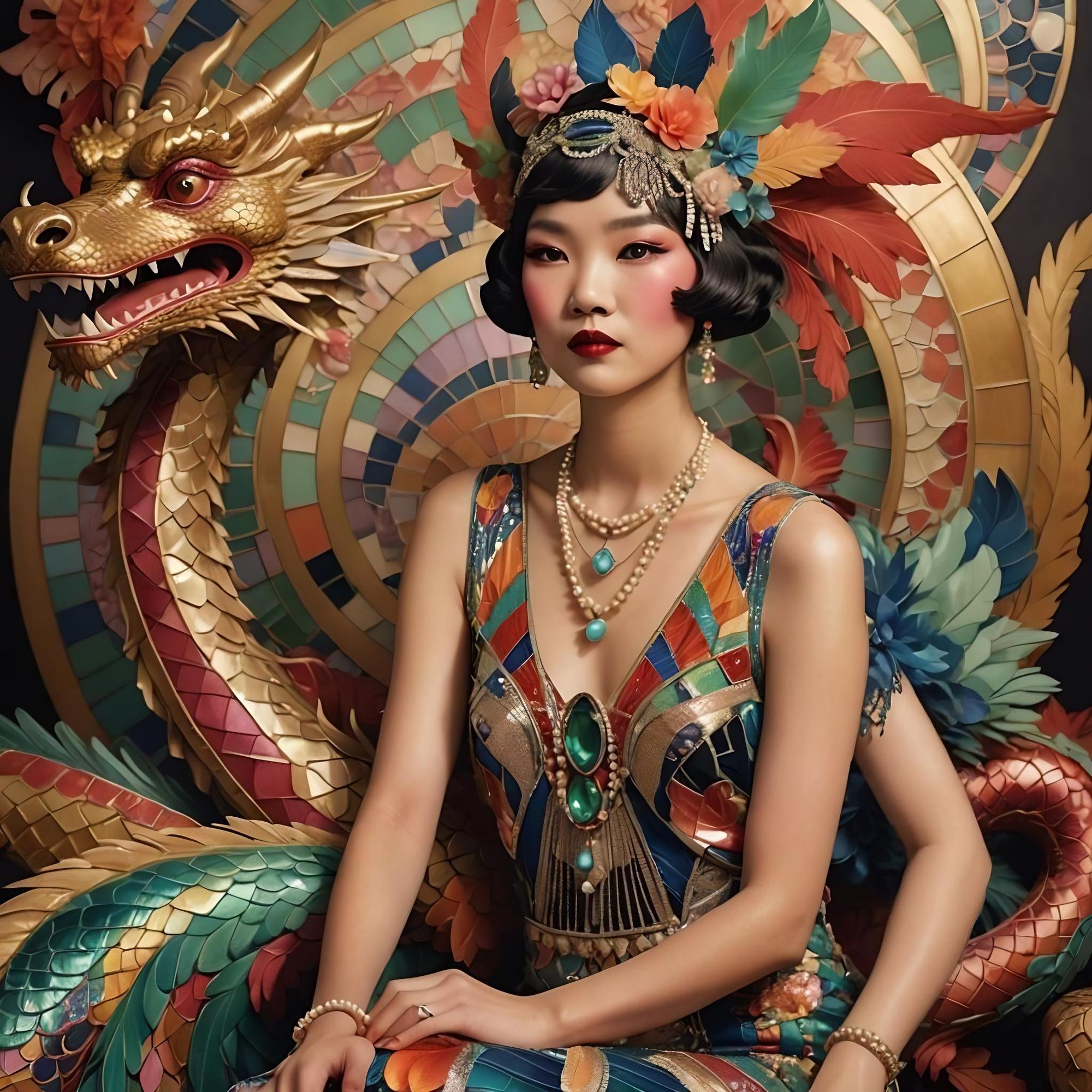 full body 1920s art deco Vedette dragon burlesque asian woman intricate vintage classic elegant intricate flapper gown with jewel gem headdr...