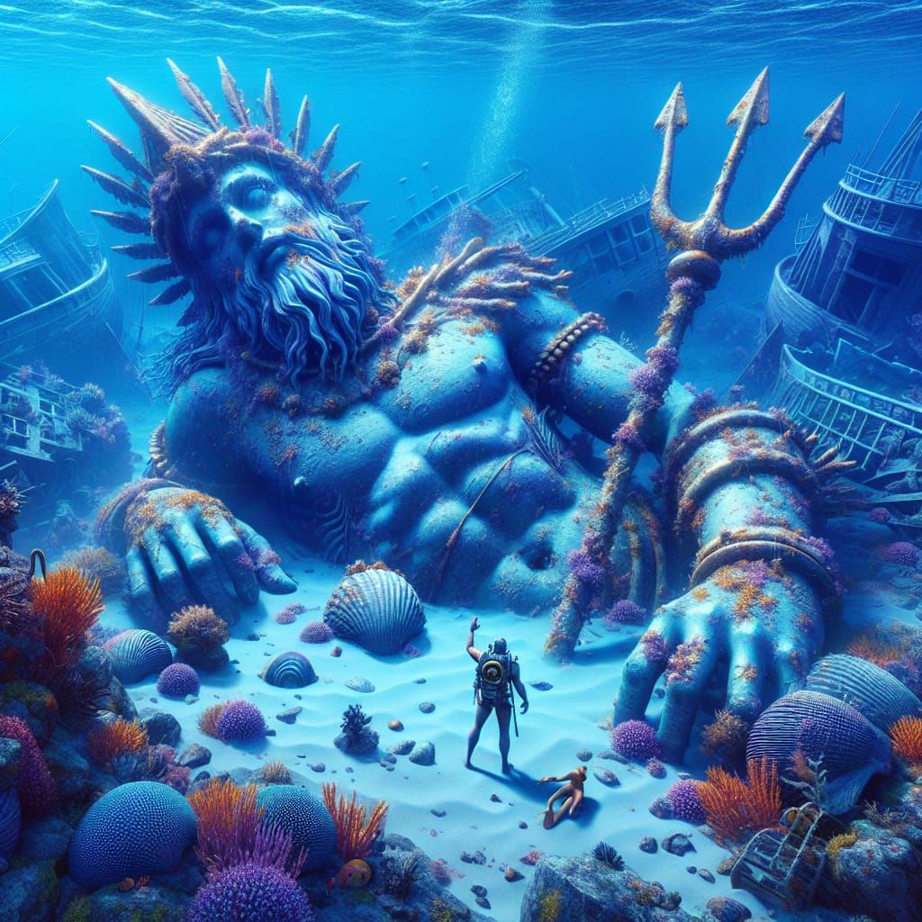"human diver figure seeing dead fallen god, heavy blue color theme, the fallen sunken underwater crash ...  by @David Myers